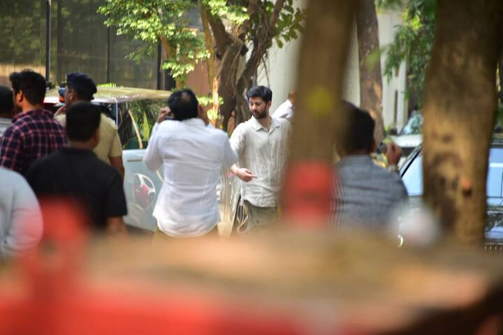 Dharmendra's grandson was seen outside his house. He was also seen in a white shirt.