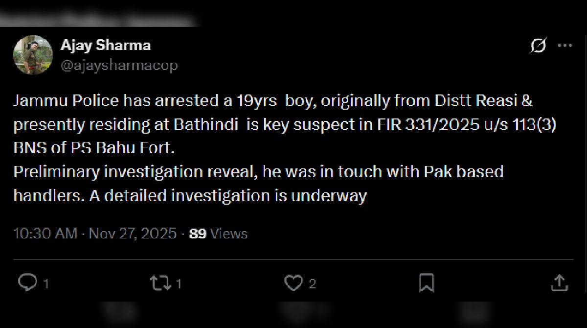 Jammu Police Arrest 19-Year-Old Suspect For Alleged Links With Pakistan-Based Handlers