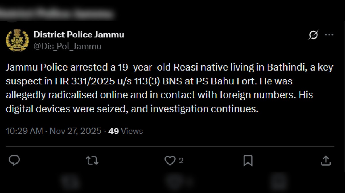 Jammu Police Arrest 19-Year-Old Suspect For Alleged Links With Pakistan-Based Handlers