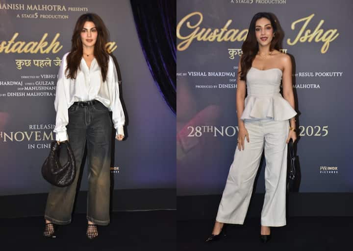 रिया चक्रवर्ती भी कैजुअल लुक में स्पॉट हुईं. वहीं सहर बंबा व्हाइट ऑफ शोल्डर को-ऑर्ड सेट पहने दिखाई दीं.