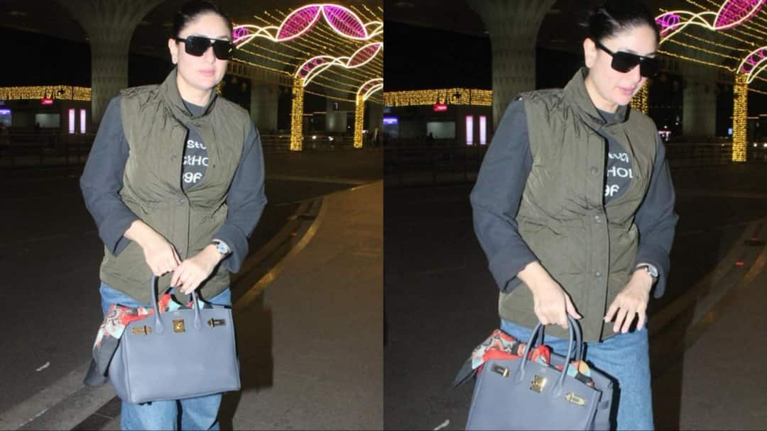 शर्ट के साथ हाफ जैकेट पहने एयरपोर्ट पर स्पॉट हुईं करीना कपूर, नो मेकअप लुक में दिखीं गॉर्जियस