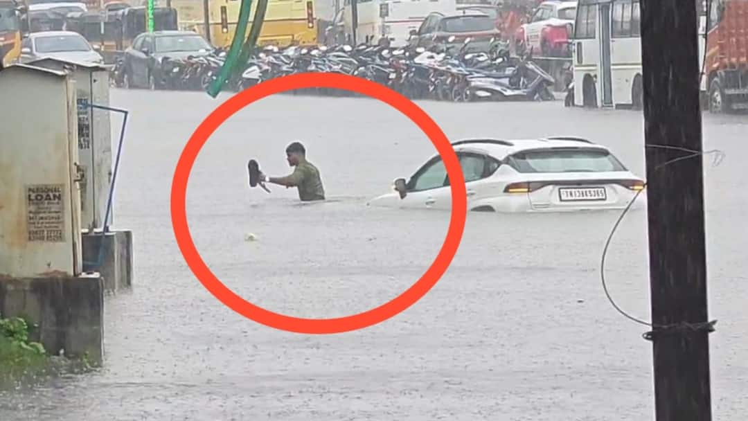 சென்னை பூந்தமல்லியில் வெள்ளம்: காரை விட்டு தப்பிய ஓட்டுநர்! உயிர் காக்க ஓடிய பரபரப்பு சம்பவம்!