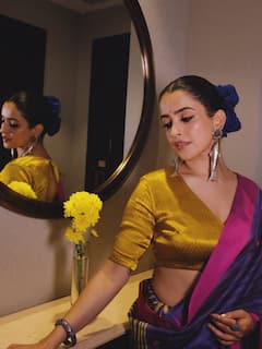 साड़ी में सान्या मल्होत्रा का क्लासी लुक वायरल, कानों में फिश ईयररिंग्स पहन दिए जमकर पोज