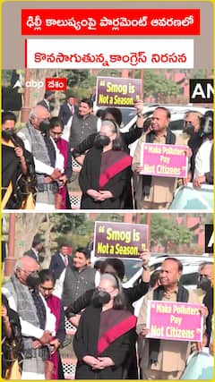 ఢిల్లీ కాలుష్యంపై పార్లమెంట్‌‌ ఆవరణలో  కొనసాగుతున్నకాంగ్రెస్ నిరసన