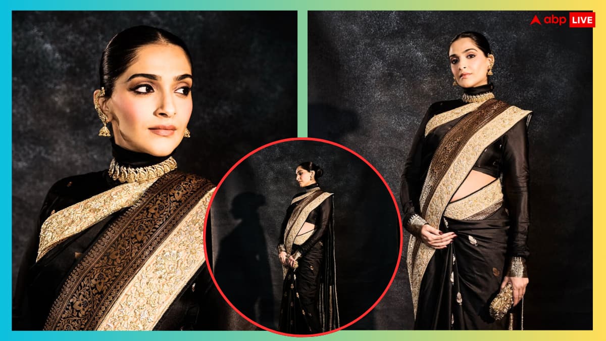 ब्लैक साड़ी पहन सोनम कपूर ने फ्लॉन्ट किया बेबी बंप, टर्टल नेक ब्लाउज में दिखा क्लासी लुक|