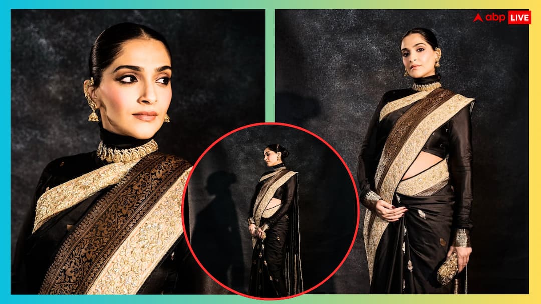 ब्लैक साड़ी पहन सोनम कपूर ने फ्लॉन्ट किया बेबी बंप, टर्टल नेक ब्लाउज में दिखा क्लासी लुक|