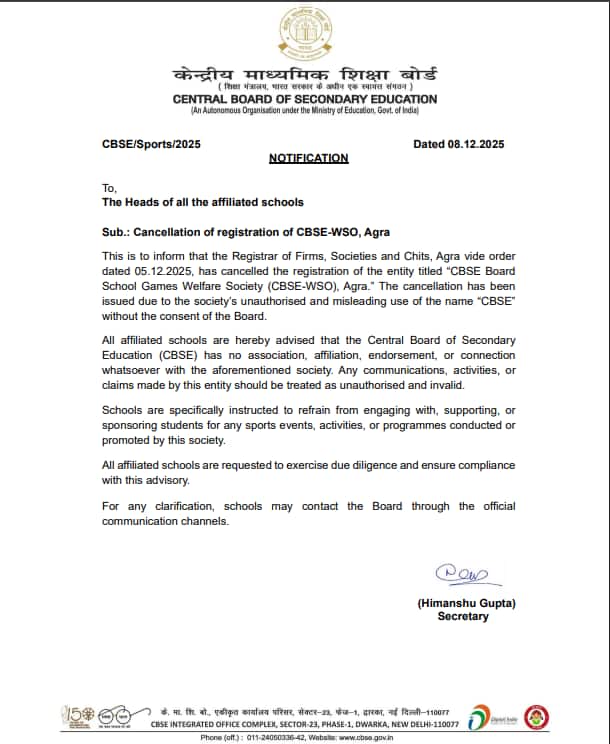 CBSE Cancel CBSE-WSO Registration, Issues Strict Warning Against Misuse of Its Name