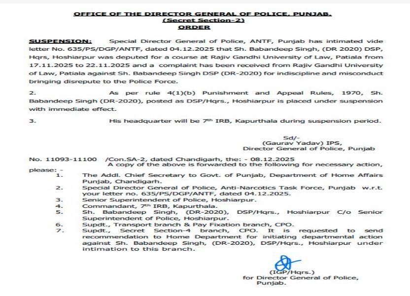 ਪੰਜਾਬ ’ਚ DSP ਸਸਪੈਂਡ, ਇਸ ਵਜ੍ਹਾ ਕਰਕੇ DGP ਵੱਲੋਂ ਕੀਤੀ ਗਈ ਵੱਡੀ ਕਾਰਵਾਈ, ਮਹਿਕਮੇ 'ਚ ਮੱਚੀ ਹਲਚਲ
