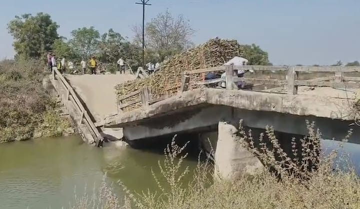 पुलावरून ऊसाचा ट्रॅक्टर जात असतानाच पूल मधोमध अचानक कोसळला.
