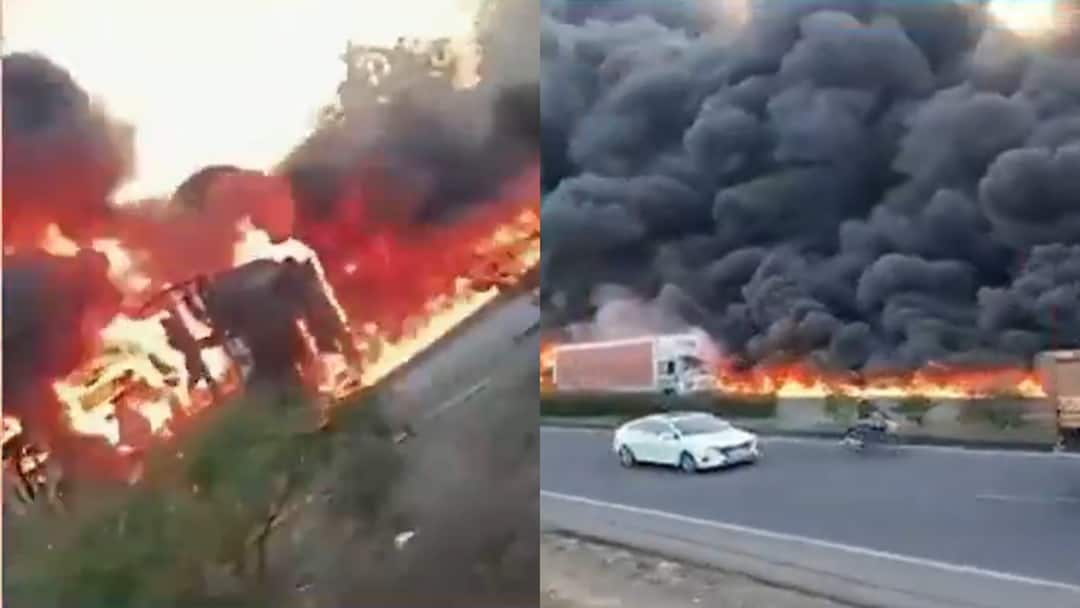 महाराष्ट्र के बीड में डीजल टैंकर से टकराई गाड़ी, हादसे के बाद हाइवे पर दिखा धुएं का गुबार maharashtra beed diesel tanker car collision solapur dhule highway massive fire accident महाराष्ट्र के बीड में डीजल टैंकर से टकराई गाड़ी, हादसे के बाद हाइवे पर दिखा धुएं का गुबार