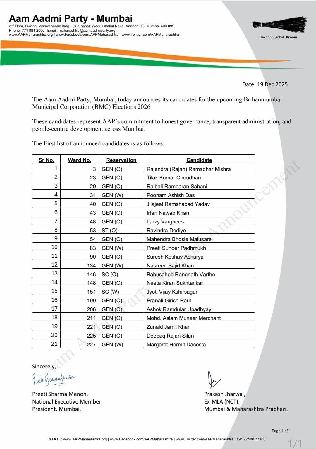 BMC Election: सभी 227 सीटों पर AAP लड़ेगी चुनाव, 21 उम्मीदवारों की जारी की पहली लिस्ट