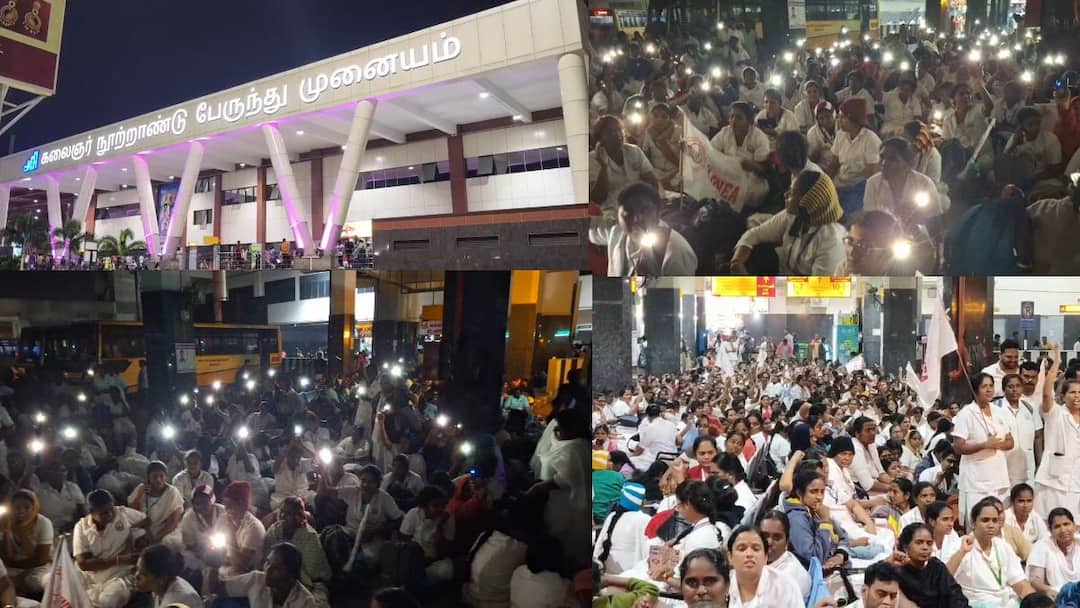 கிளாம்பாக்கத்தில் நள்ளிரவில் பரபரப்பு! செவிலியர்கள் போராட்டம்: மின் நிறுத்தம்! செவிலியர்கள் கைது! nurses who went on strike for various demands were arrested by the police in Kilambakkam Bus Stand TNN கிளாம்பாக்கத்தில் நள்ளிரவில் பரபரப்பு! செவிலியர்கள் போராட்டம்: மின் நிறுத்தம்! செவிலியர்கள் கைது!
