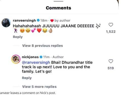 Ranveer Singh Drops A Fun Comment As ‘Jiju’ Nick Jonas Dances To Dhurandhar’s Track