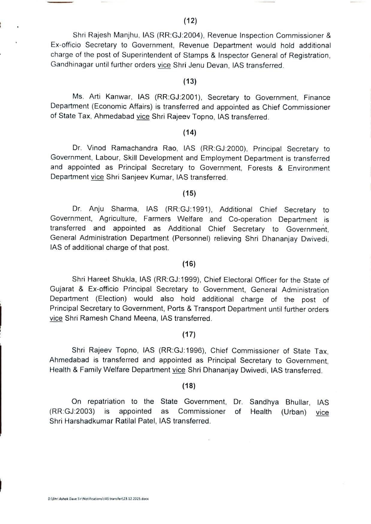 ગુજરાત વહીવટી તંત્રમાં ધરખમ ફેરફાર: 26 IAS અધિકારીઓની બદલી, સંજીવ કુમાર હવે CMના અગ્ર સચિવ