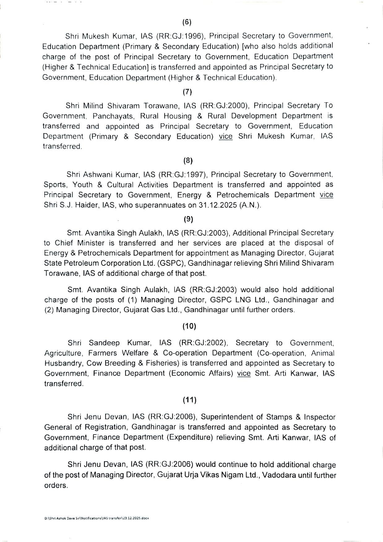 ગુજરાત વહીવટી તંત્રમાં ધરખમ ફેરફાર: 26 IAS અધિકારીઓની બદલી, સંજીવ કુમાર હવે CMના અગ્ર સચિવ