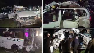 Accident: धावत्या बसचा टायर फुटला अन् दुभाजकावर चढून विरुद्ध लेनमध्ये गेली; समोरून येणाऱ्या दोन कार सुद्धा चिरडल्या, 9 जणांचा करुण अंत