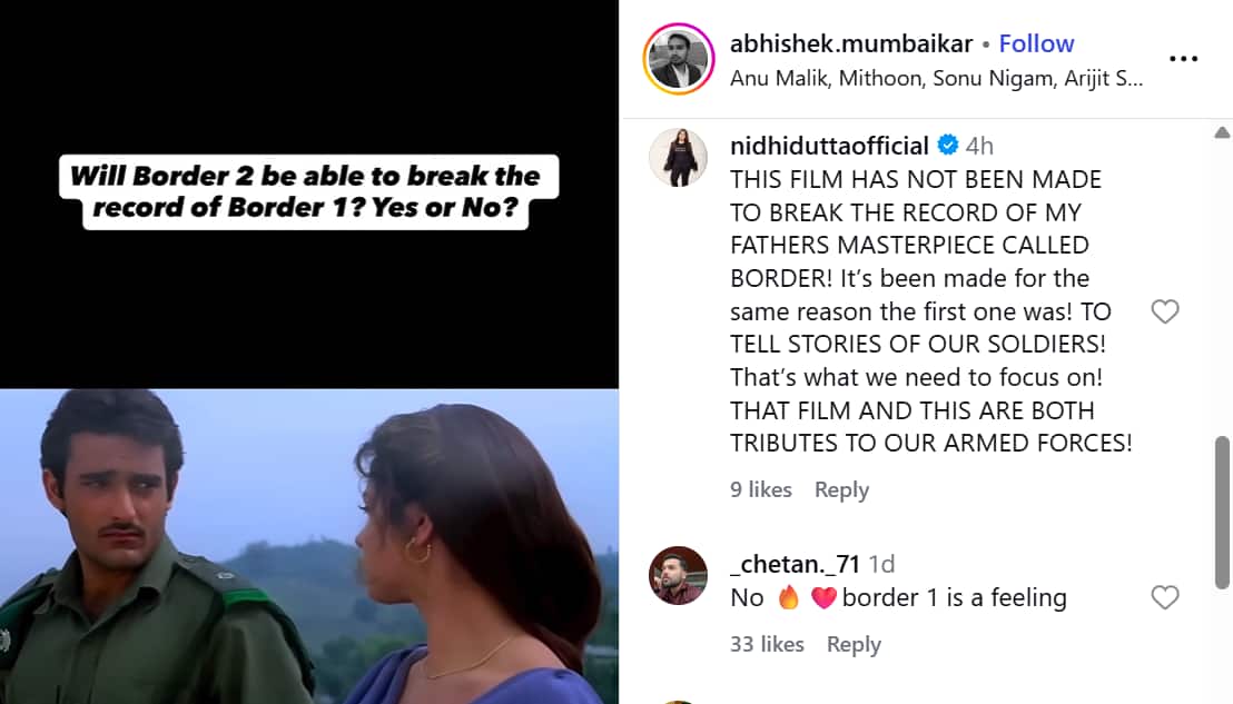 क्या 'बॉर्डर 2' 'बॉर्डर' का रिकॉर्ड तोड़ पाएगी? निर्माता निधि दत्ता ने कहा - 'कोई भी उस रिकॉर्ड को नहीं तोड़ सकता।'