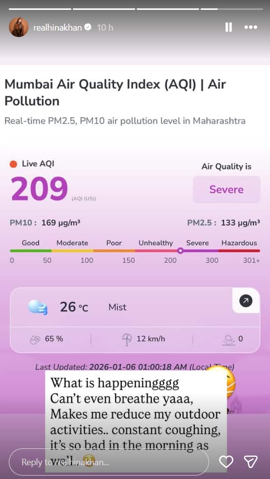 सांस नहीं ले पा रही, बाहर नहीं जा पा रही', हिना खान का मुंबई में पॉल्यूशन से बुरा हाल