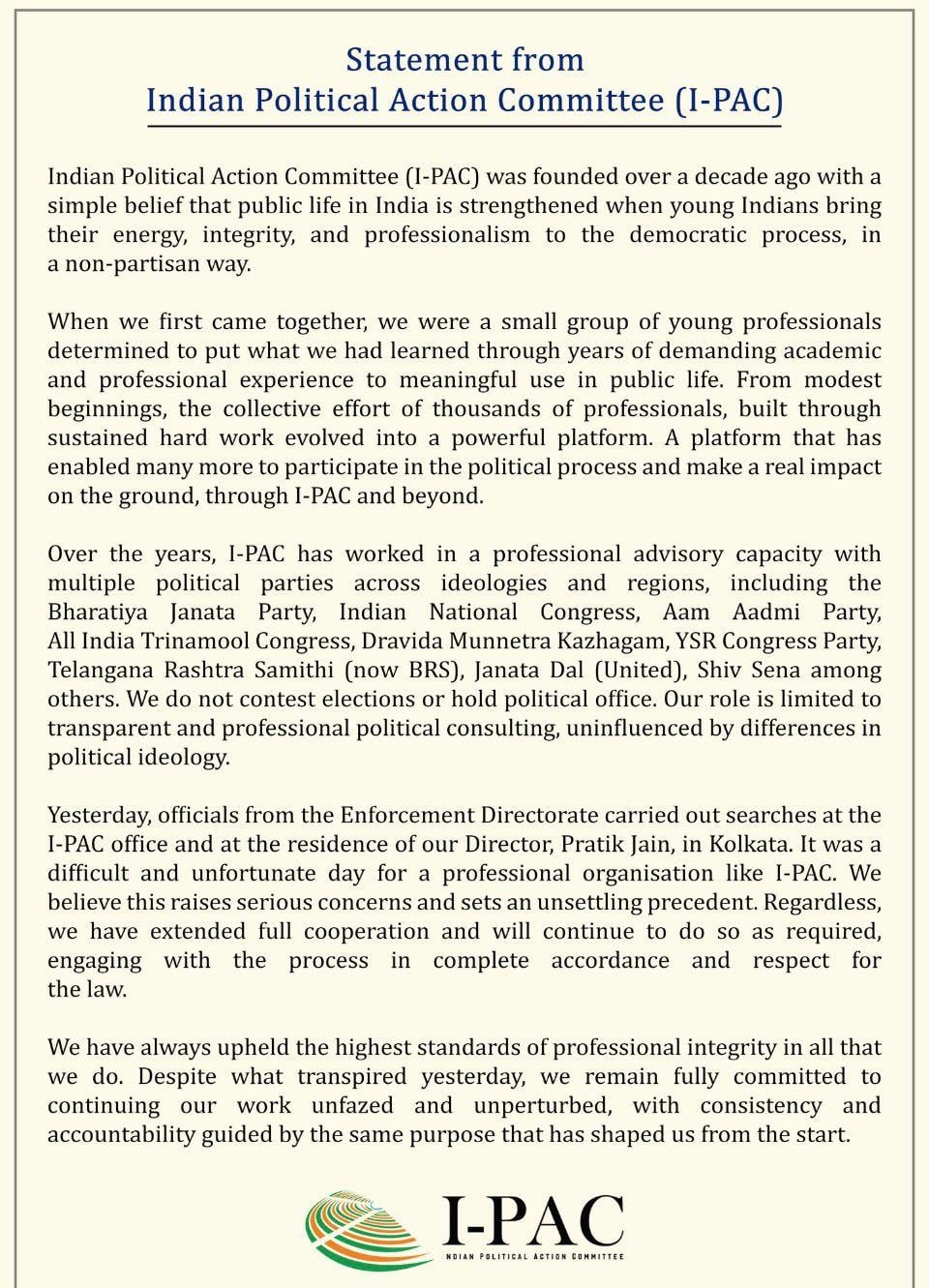 Serious Concerns': I-PAC’s First Reaction Following ED Raids On Office, Founder’s Residence