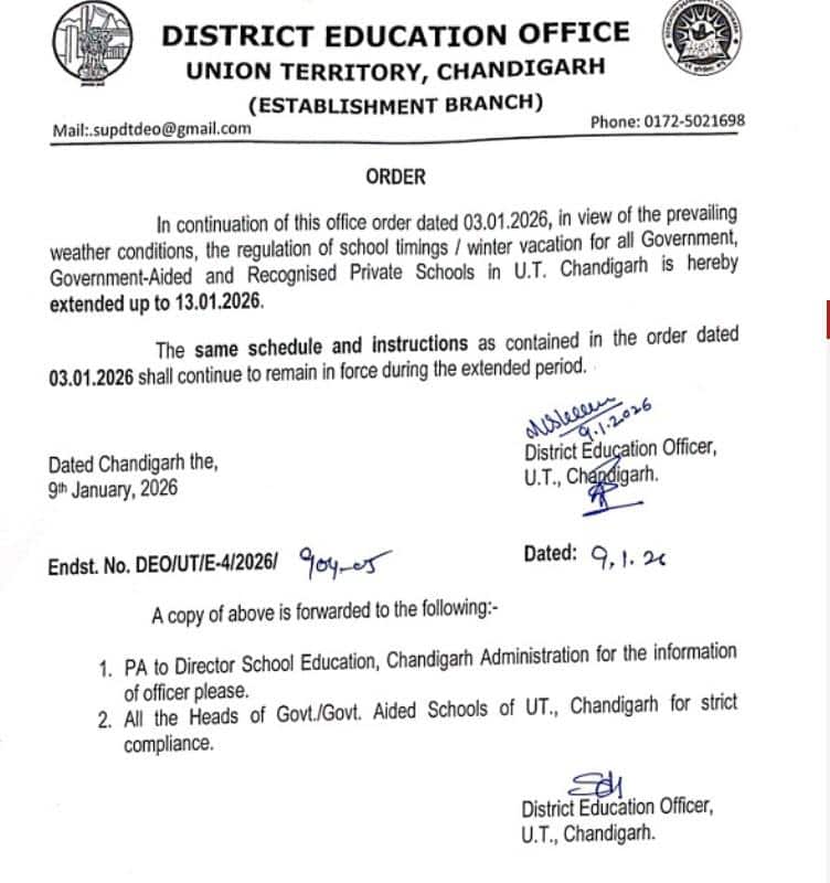 Winter Holiday: ਚੰਡੀਗੜ੍ਹ ਦੇ ਸਕੂਲਾਂ 'ਚ ਫਿਰ ਵਧੀਆਂ ਛੁੱਟੀਆਂ! ਹੁਣ ਇਸ ਤਾਰੀਖ਼ ਨੂੰ ਖੁੱਲ੍ਹਣਗੇ ਸਕੂਲ, ਪ੍ਰਸ਼ਾਸਨ ਵੱਲੋਂ ਨੋਟੀਫਿਕੇਸ਼ਨ ਜਾਰੀ