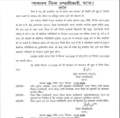 पटना में 5वीं तक के बच्चों की छुट्टियां, कड़ाके की सर्दी के बीच लिया फैसला, जानें कब तक बंद रहेंगे स्कूल?