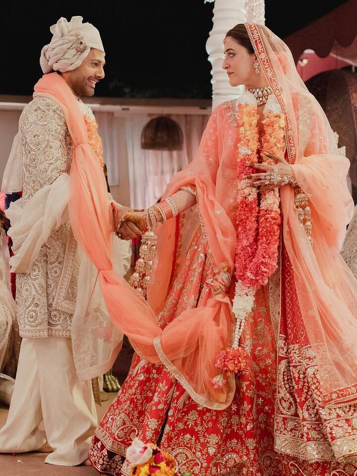 Nupur’s first look as a newlywed featured her in a pastel blue salwar set, sporting chooda and sindoor, radiating newlywed charm. (All images: Instagram/@nupursanon)
