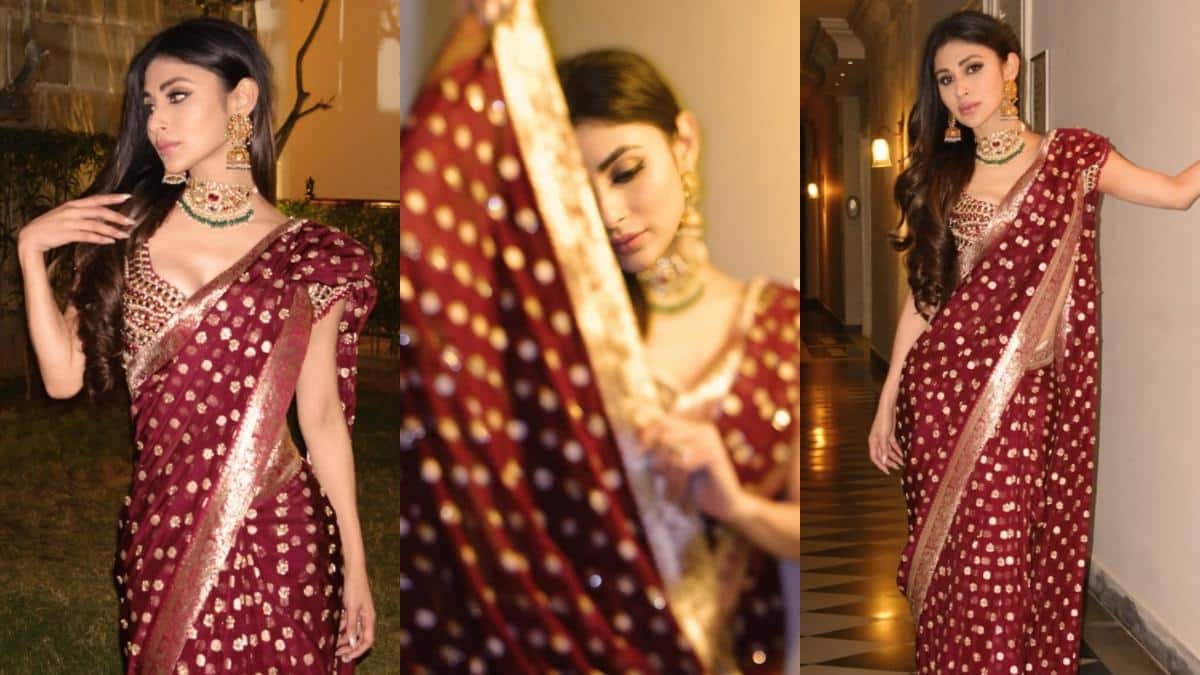मरून साड़ी और हैवी जूलरी में मौनी रॉय का दिखा ट्रेडिशनल लुक, तस्वीरें देख फैंस बोले- 'क्लासिक ब्यूटी'