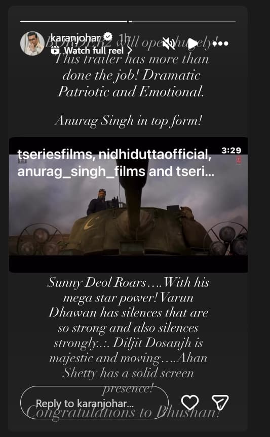 बॉक्स ऑफिस पर धमाल करेगी बॉर्डर 2...' ट्रेलर देखकर फैन हुए करण जौहर, तारीफ में शेयर किया पोस्ट