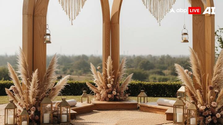 8. Boho-Chic Mandaps - Soft Architecture, Free Spirit: Bohemian mandaps embrace relaxed, architectural minimalism. Wooden arches, macramé weaves, pampas grass, dried florals, and brass lanterns create a warm, earthy palette. These mandaps feel effortless yet intentional, ideal for beach, destination, or urban weddings that prioritise personality over perfection. (Image Source: ABP Live AI)