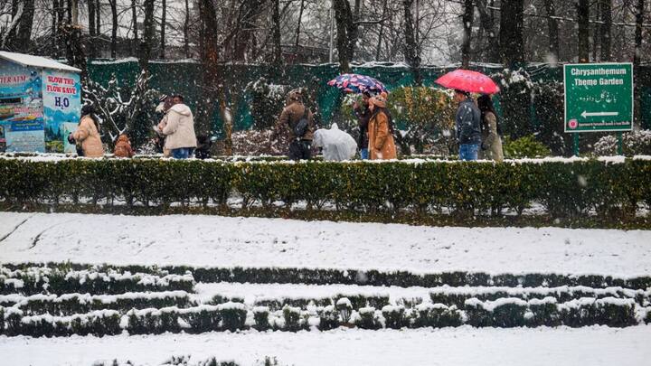 Tourists arrive at the snow-covered Chrysanthemum Theme Garden in Srinagar, as overnight snowfall triggered by a western disturbance transformed popular attractions into white landscapes. (Image Source: PTI)