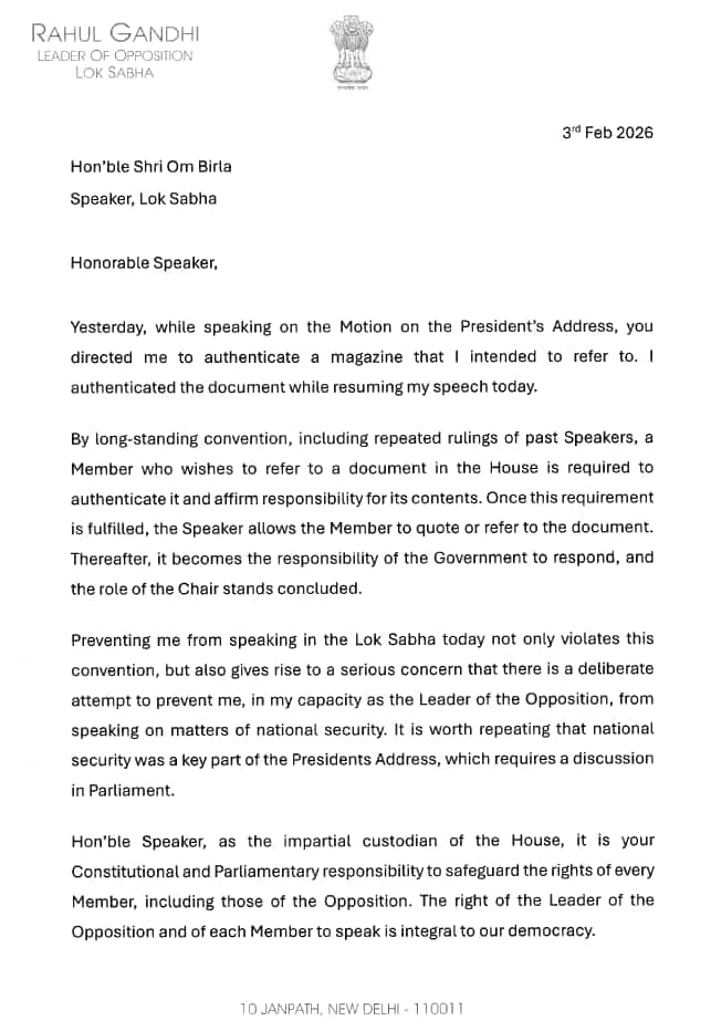 Rahul Gandhi Writes To Speaker Om Birla, Slams Govt For Blocking President’s Address As ‘Blot on Democracy’