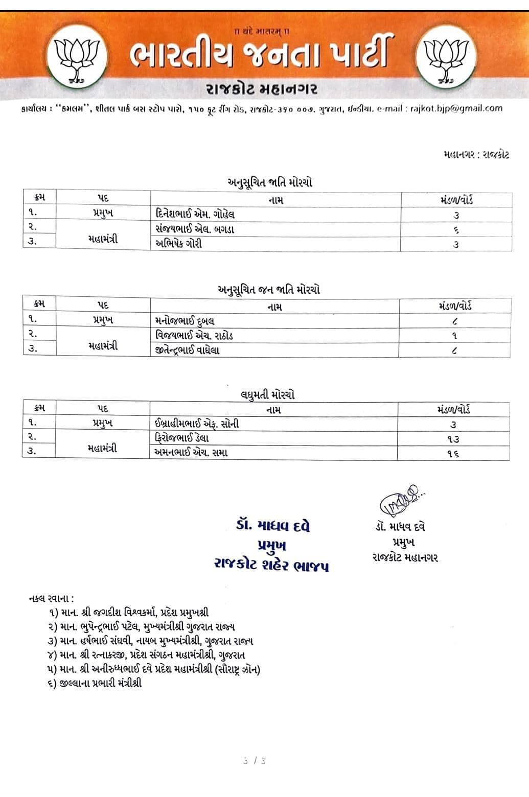 Rajkot BJP: રાજકોટ ભાજપની નવી ટીમ જાહેર; પાટીદાર-ક્ષત્રિય અને OBC સમીકરણ સાથે 3 મહામંત્રીની વરણી