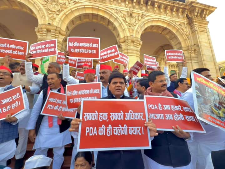 सपा सदस्य विधान भवन परिसर में पूर्व प्रधानमंत्री एवं भारत रत्न चौधरी चरण सिंह की प्रतिमा के समक्ष धरना-प्रदर्शन करते हुए सरकार के विरोध में नारेबाजी करते दिखे.