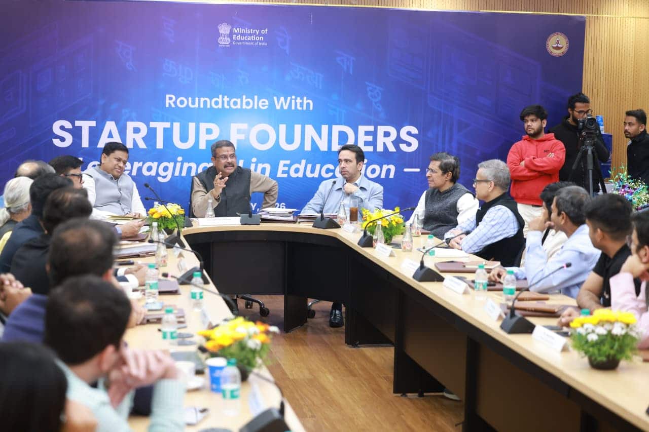 Education minister chairs AI start-up roundtable in New Delhi with founders at IIT Delhi meet today.