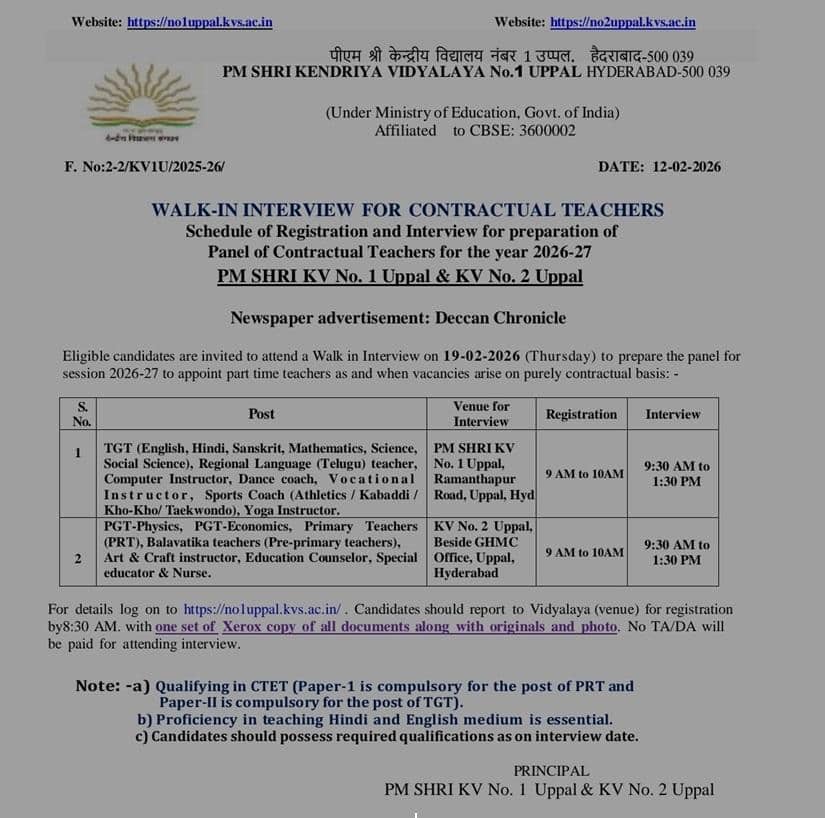 Teaching Jobs in Hyderabad: ఉప్పల్ కేంద్రీయ విద్యాలయాల్లో టీచర్ జాబ్స్.. ఎగ్జామ్ లేకుండానే పోస్టుల భర్తీ