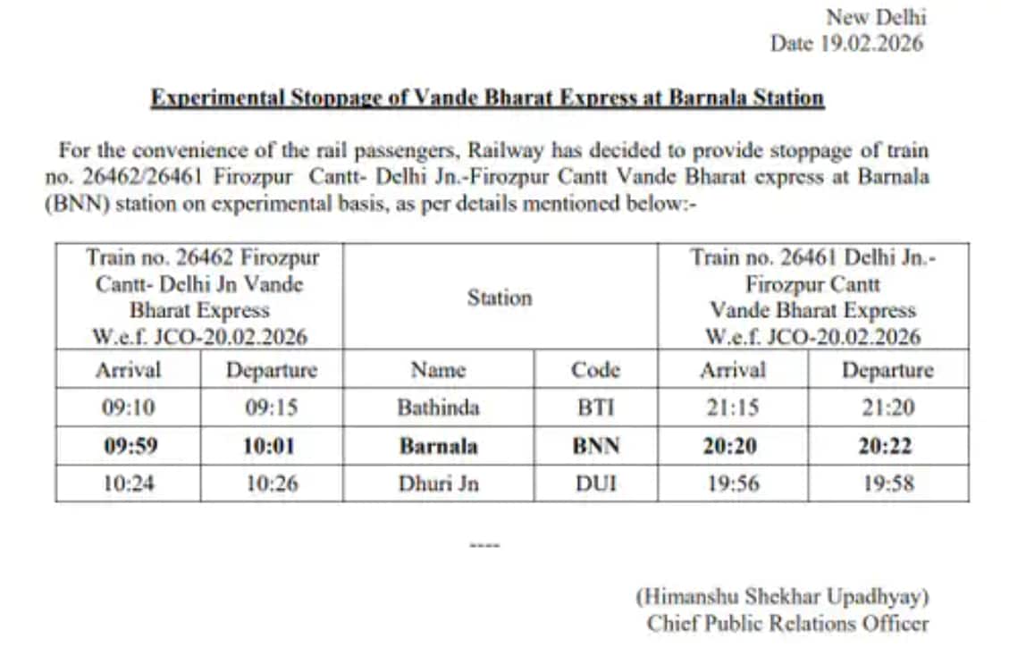 ਯਾਤਰੀਆਂ ਲਈ ਵੱਡੀ ਖੁਸ਼ਖਬਰੀ! ਅੱਜ ਤੋਂ ਬਰਨਾਲਾ 'ਚ ਰੁਕੇਗੀ Vande Bharat, ਜਾਣੋ ਨਵਾਂ Time ਅਤੇ Route