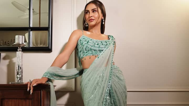 Ethereal Mint-Green Saree: In a soft mint-green sequinned saree, Krystle channels graceful royalty with a modern twist. The delicately embroidered drape and geometric embellished blouse create a refined sparkle, perfectly balanced with sleek hair and luminous makeup. (Image Source: Instagram/ krystledsouza)