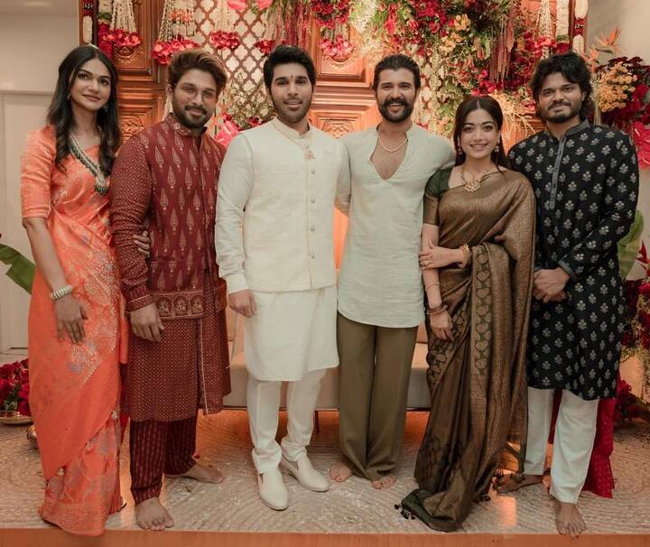 అల్లు వారి ఇంటిలో నూతన జంట విజయ్ దేవరకొండ, రష్మిక మందన్న సందడి చేశారు.