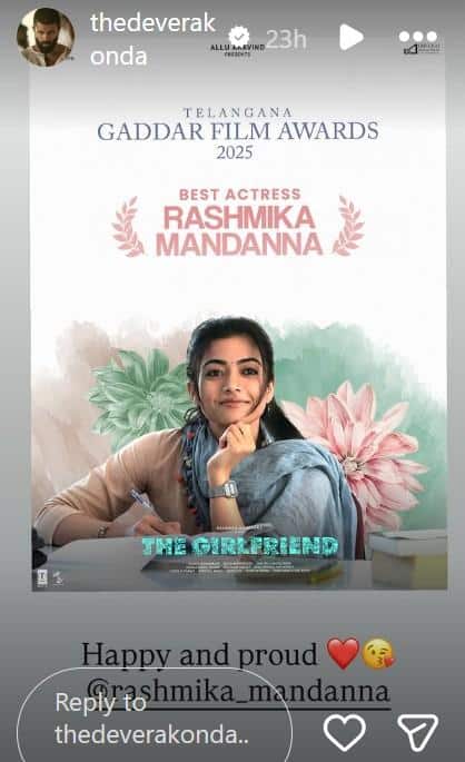 Rashmika Mandanna : రష్మికకు గద్దర్ అవార్డ్ - భర్త విజయ్ దేవరకొండ బెస్ట్ విషెష్‌... విజ్జూ అంటూ క్యూట్ రియాక్షన్