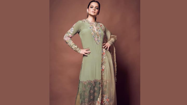 Kangana Ranaut opts for this refined sage-green straight-cut kurta featuring multicolored floral embroidery and delicate zari accents. Styled with a light organza dupatta and minimal jewelry, the ensemble offers a modern yet elegant Eid-ready vibe. (Image Source: Instagram/ stylebyami)