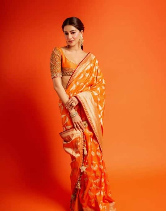If you want to try some unique look, then this saree look of Ananya Pandey will be the perfect choice for you. She is wearing a heavy Banarasi saree with which she has carried a heavy blouse.