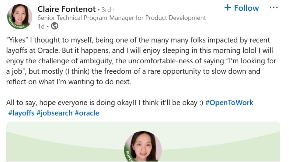 Oracle Layoffs: ‘अब आराम की नींद’....Oracle ने नौकरी से निकाला तो कर्मचारी ने किया मजेदार पोस्ट, सोशल मीडिया पर वायरल