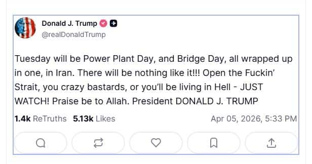 ‘Open The F-ing Strait’: Trump Warns Hell For Iran, Threatens Strikes On Power Plants ‘Open The F-ing Strait’: Trump Warns Hell For Iran, Threatens Strikes On Power Plants