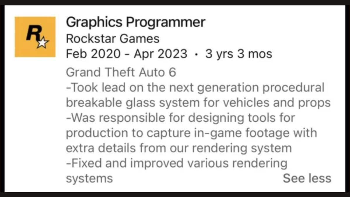 GTA 6's New 'Breakable Glass' Feature Got Leaked On LinkedIn By A Former Rockstar Developer