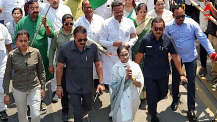 রাস্তার দু'ধারে তখন বহু মানুষের ভিড়। মমতা বন্দ্যোপাধ্যায়ের সঙ্গে ছিলেন তৃণমূলের প্রথম সারির নেতারা।