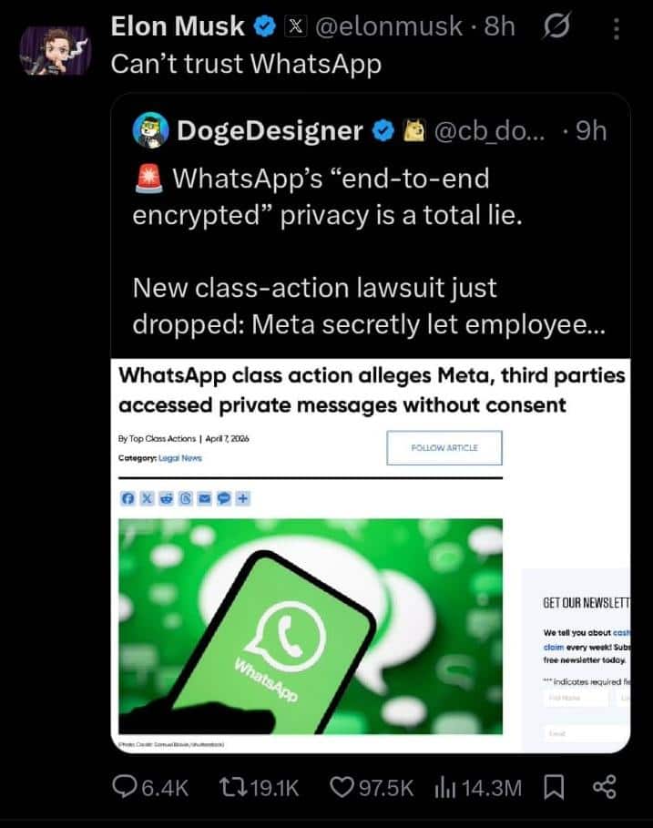 Whatsapp మీ మెస్సేజ్లు చదువుతోంది, ఇక X చాట్కు మారండి: మెటాపై ఎలాన్ మస్క్ ఆరోపణలు