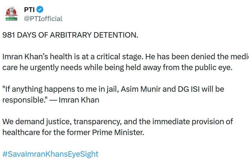 Imran Khan’s Health At Critical Stage, Issues Fresh Message From Pakistan’s Adiala Jail