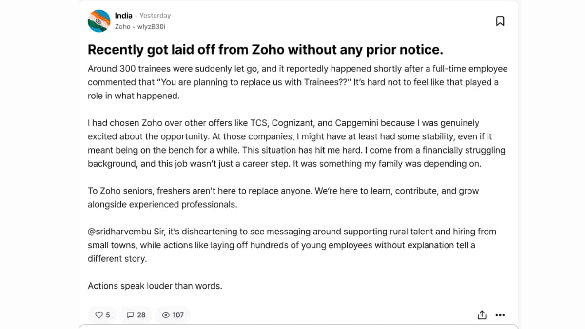 Sridhar Vembu’s Zoho Laid Off 300 Trainees Without Prior Notice, Claims Fresher