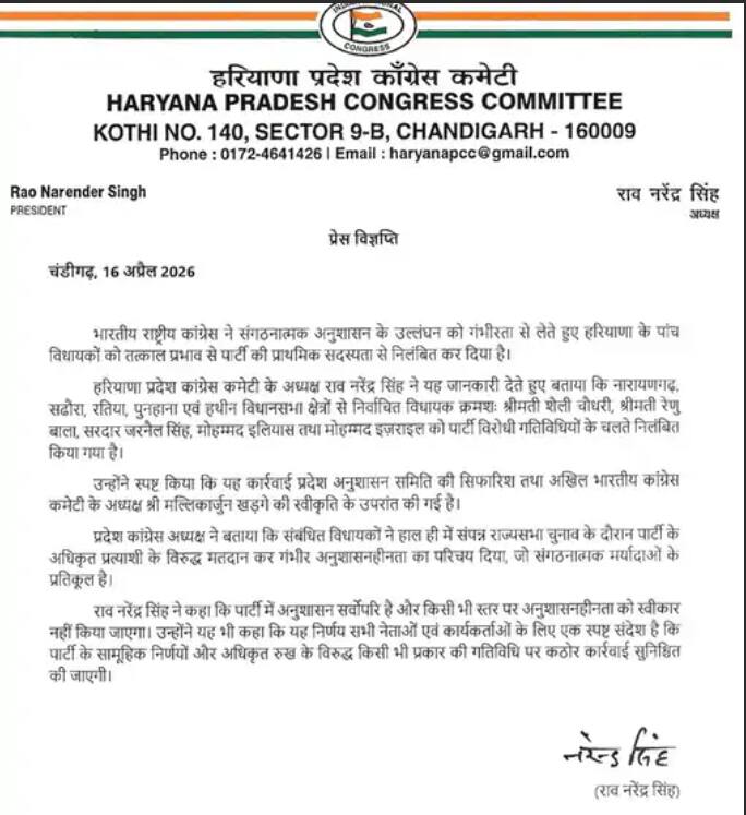 ਰਾਜ ਸਭਾ ਚੋਣਾਂ 'ਚ ਕ੍ਰਾਸ ਵੋਟਿੰਗ ਕਰਨ ਵਾਲੇ 5 MLA ਸਸਪੈਂਡ