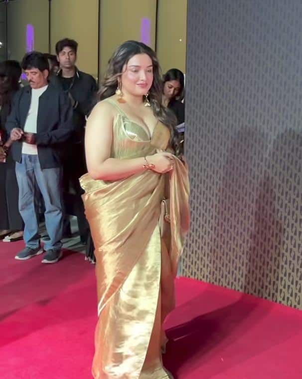 आम्रपाली दुबे ने इस खास मौके पर गोल्डन रंग की साड़ी पहनी, जो एलिगेंट और क्लासी लग रही थी. साड़ी का फैब्रिक रेड कार्पेट की लाइट्स में और भी ज्यादा चमक कर रहा था, जिससे उनका पूरा लुक रॉयल नजर आ रहा था.